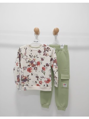 Kız Çocuk Floral Desenli Sweatshirt ve Kargo Cep Eşofman Takım