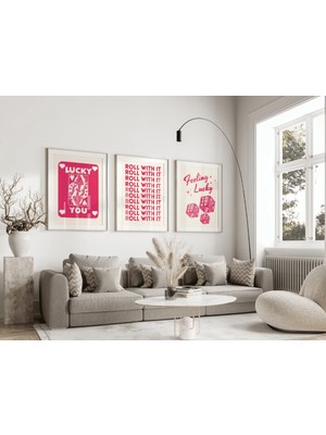 Pam Studio Lucky You Poster Seti – Pembe Retro 3’lü Motivasyon ve Şans Temalı Duvar Tablosu