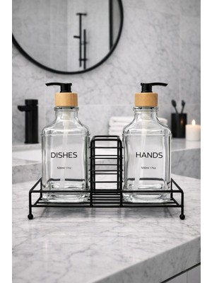 Zürih Collection 2'li Modern Cam Sabunluk Seti Siyah Metal Standlı Siyah Kapaklı Deterjanlık Seti Sıvı Sabunluk Şeffaf Cam