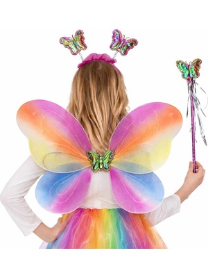 Esranın Dünyası Çocuklar Için Renkli Kelebek Kanat Taç Asa Kostüm Seti