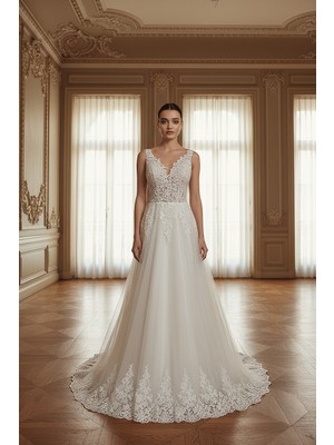 S&G Gelinlik ETEK UCU GİPÜR İŞLEMELİ KIRIK BEYAZ   A KESİM HELEN GELİNLİK