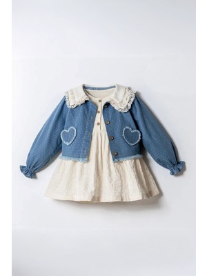 Miniğimin Cicileri Minigimin Cicileri Kalp Işleme Denim Ceket Bebe Yaka Müslim Elbise 2'li Kız Çocuk Takım - Açık Mavi