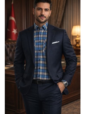 Varetta Erkek Çift Cepli Mavi Kışlık Gömlek Klasik Kesim Yaka Düğmeli