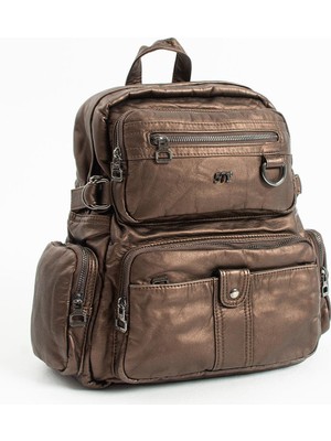 Duomino Bronz Çok Cepli Poliüretan Yıkama Deri Sırt Çantası Günlük Sırt Çantası