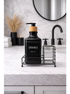 Zürih Collection Modern Siyah Tekli Sıvı Cam Sabunluk – Bambu Kapaklı - Tezgah Üstü