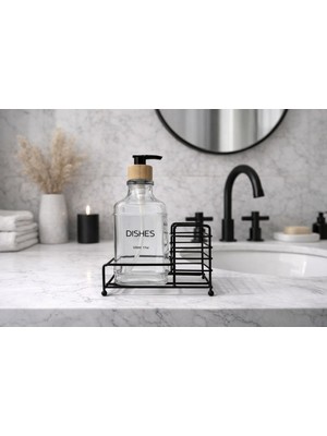 Zürih Collection Modern Siyah Tekli Sıvı Cam Sabunluk – Bambu Kapaklı - Şeffaf Cam- Tezgah Üstü