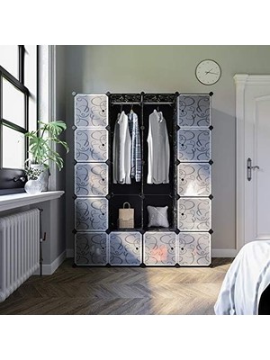 2 Elbise Askılı, Modüler Kombinasyon Dolabı, Yerden Tasarruf Sağlayan Vidasız Raf Sistemi, 143 x 36 x 178 Cm, Siyah LPC30H