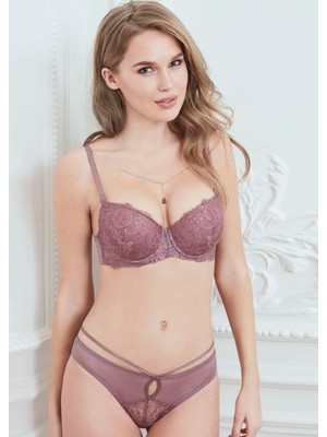 Kadın Lila Balenli Dolgulu Push Up Sütyen Slip Takım (Anıl 4774)