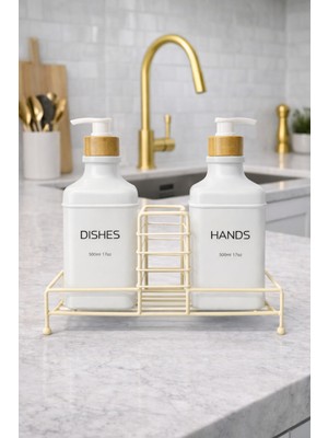 Zürih Collection 2'li Modern Cam Sabunluk Seti Metal Standlı Beyaz Renk  Deterjanlık Seti Sıvı Sabunluk