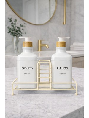Zürih Collection 2'li Modern Cam Sabunluk Seti Metal Standlı Beyaz Renk  Deterjanlık Seti Sıvı Sabunluk