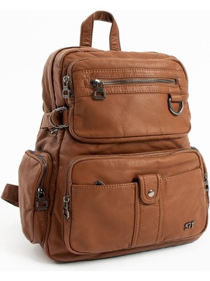 Duomino Taba Çok Cepli Poliüretan Yıkama Deri Sırt Çantası Günlük Çanta Sırt Çantası