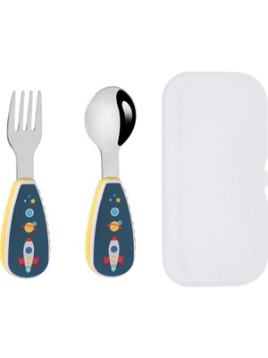 Jojobebek Uzay Figürlü Premium Çocuk Bpa Free Kaliteli Silikon Saplı Paslanmaz Çelik Uçlu Çatal-Kaşık Saklama Kutusu -Yeşil