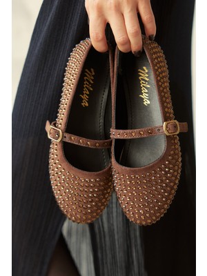 Milaya Shoes Parla Taş Detaylı Kadın Babet Ayakkabı