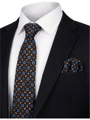Bursa İpek Siyah Desenli Ipek Kravat Takımı