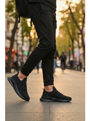 Enoch Erkek Tam Siyah Spor Ayakkabı Örme Sneaker Desenli Bağcık Detaylı Yürüyüş Modeli