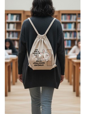 giftkonsept Yanlış Kararlarımı Uygulamaya Gidiyorum-Tavşan Komik Büzgülü Ayarlanabilir Ham Bez Sırt Çantası