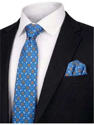 Bursa İpek Mavi Desenli Ipek Kravat Takımı