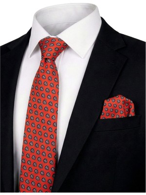 Bursa İpek Kırmızı Desenli Ipek Kravat Takımı
