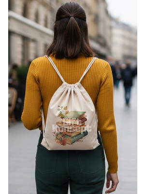 giftkonsept Renkli Kitaplar Baskılı Büzgülü Ayarlanabilir Ham Bez Sırt Çantası