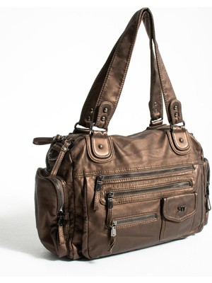 Duomino Yıkama Deri Bronz Çok Bölmeli Çapraz ve Omuz Çantası / Kol Çantası