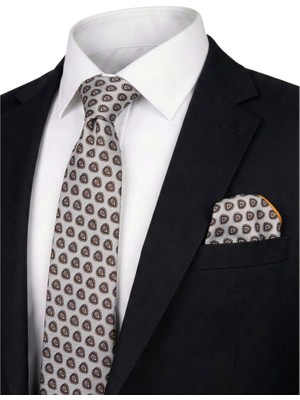Bursa İpek Ekru Desenli Ipek Kravat Takımı