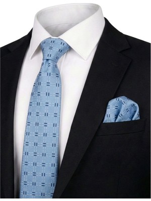 Bursa İpek Mavi Desenli Ipek Kravat Takımı