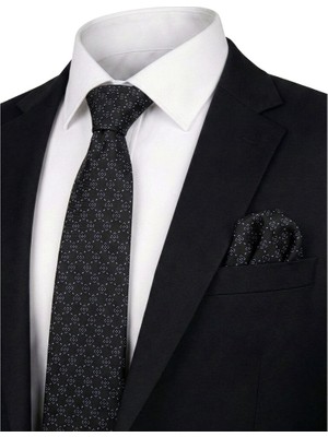 Bursa İpek Siyah Desenli Ipek Kravat Takımı