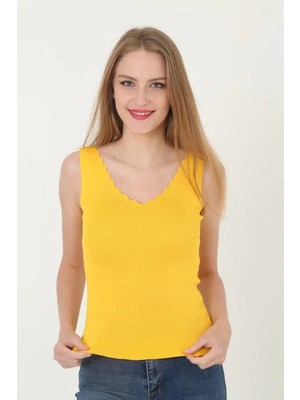 Kadın V Yaka Fırfır Detay Crop - Sarı