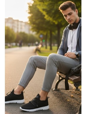 Enoch Erkek Spor Ayakkabı Büzgülü Bağcık Sistemli Sneaker Pratik Giyim Siyah Yürüyüş Modeli