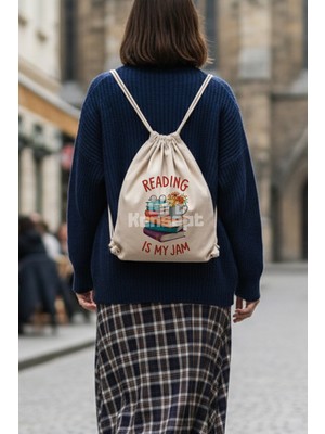 giftkonsept Reading Is My Jam Yazılı Kitap Okuma Tutkusu Baskılı Büzgülü Ayarlanabilir Ham Bez Sırt Çantası