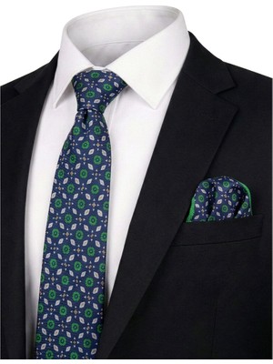 Bursa İpek Lacivert Desenli Ipek Kravat Takımı
