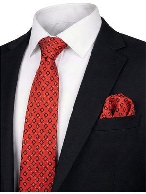 Bursa İpek Kırmızı Desenli Ipek Kravat Takımı