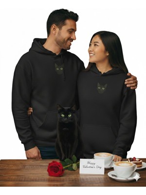 Muhtar Store Kedi Temalı Çift Hoodie – Siyam Kedisi – Sevgililer Günü Özel Tasarım – Siyah Kapüşonlu Sweatshirt Seti