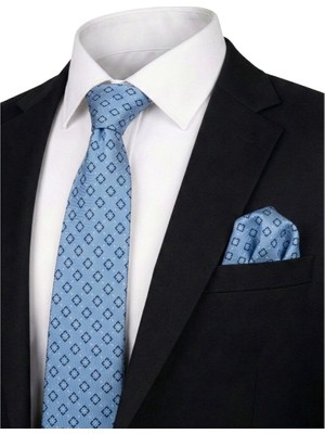Bursa İpek Mavi Desenli Ipek Kravat Takımı
