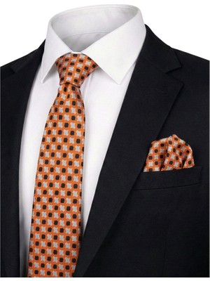 Bursa İpek Turuncu Desenli Ipek Kravat Takımı