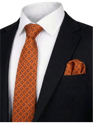 Bursa İpek Turuncu Desenli Ipek Kravat Takımı