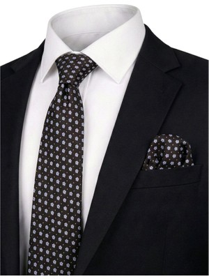 Bursa İpek Siyah Desenli Ipek Kravat Takımı