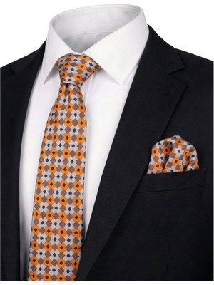 Bursa İpek Turuncu Desenli Ipek Kravat Takımı
