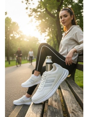 Enoch Erkek Spor Ayakkabı Tam Beyaz Sneaker Gümüş Şeritli Hafif Yürüyüş ve Koşu Modeli