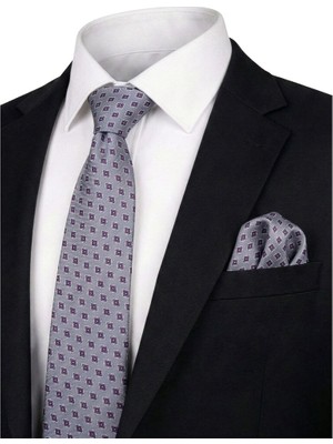 Bursa İpek Gri Desenli Ipek Kravat Takımı
