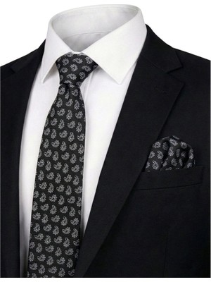 Bursa İpek Siyah Desenli Ipek Kravat Takımı