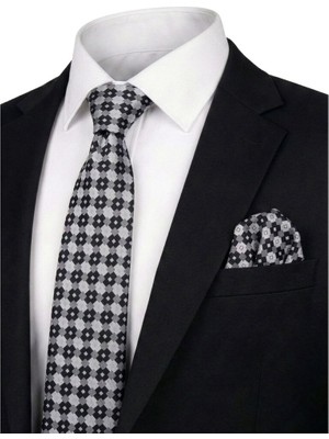 Bursa İpek Gri Desenli Ipek Kravat Takımı