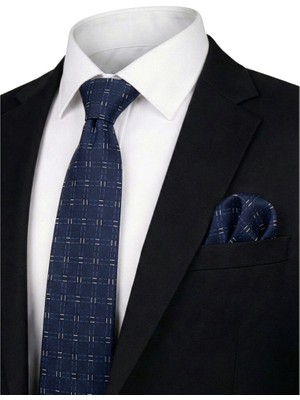 Bursa İpek Lacivert Desenli Ipek Kravat Takımı