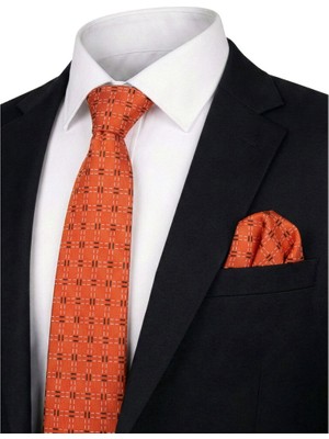 Bursa İpek Turuncu Desenli Ipek Kravat Takımı