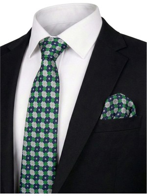 Bursa İpek Yeşil Desenli Ipek Kravat Takımı