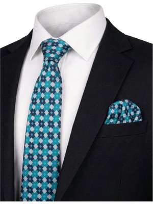 Bursa İpek Turkuaz Desenli Ipek Kravat Takımı