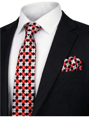 Bursa İpek Kırmızı Desenli Ipek Kravat Takımı