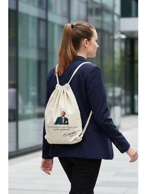 giftkonsept Mustafa Kemal Atatürk Öğretmen Baskılı Öğretmenler Günü Büzgülü Ayarlanabilir Ham Bez Sırt Çantası