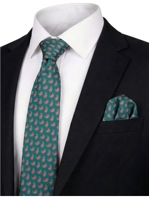 Bursa İpek Yeşil Desenli Ipek Kravat Takımı