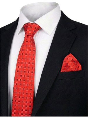 Bursa İpek Kırmızı Desenli Ipek Kravat Takımı